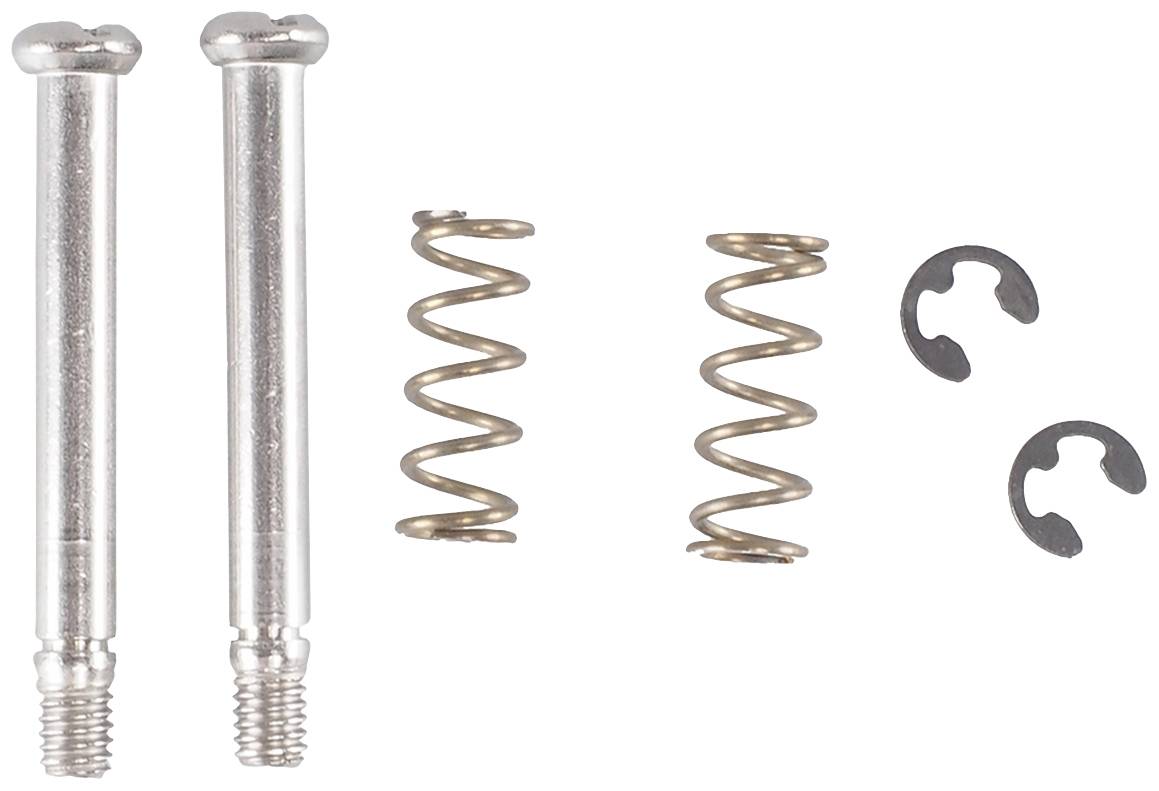 Two metal pins, two spiral springs and two clips arranged in a row.