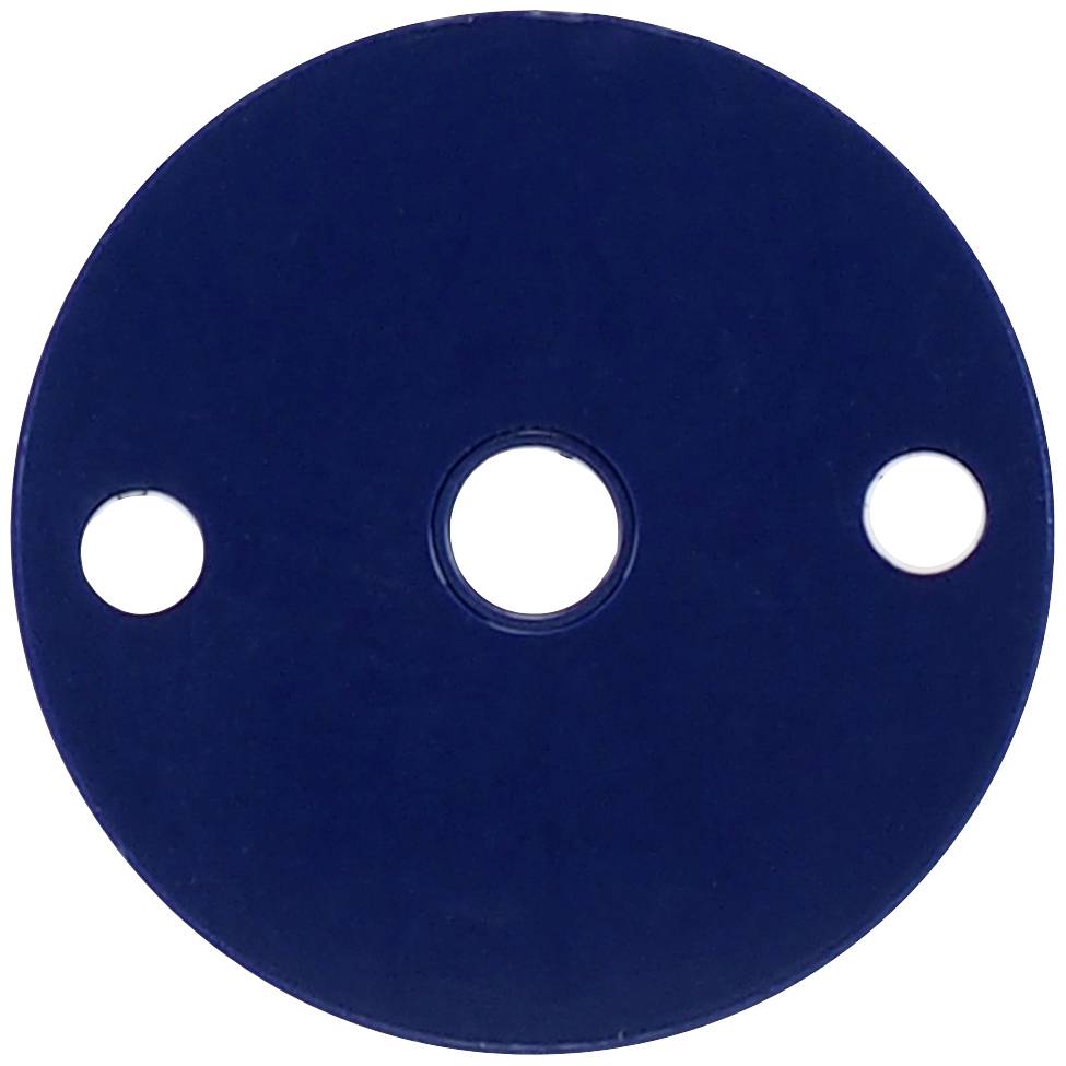 A black, circular object with three holes: two small symmetrical ones at the top and bottom, and a larger central hole.