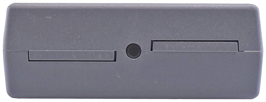 A dark card reader with two slots and a small round LED display in the centre.