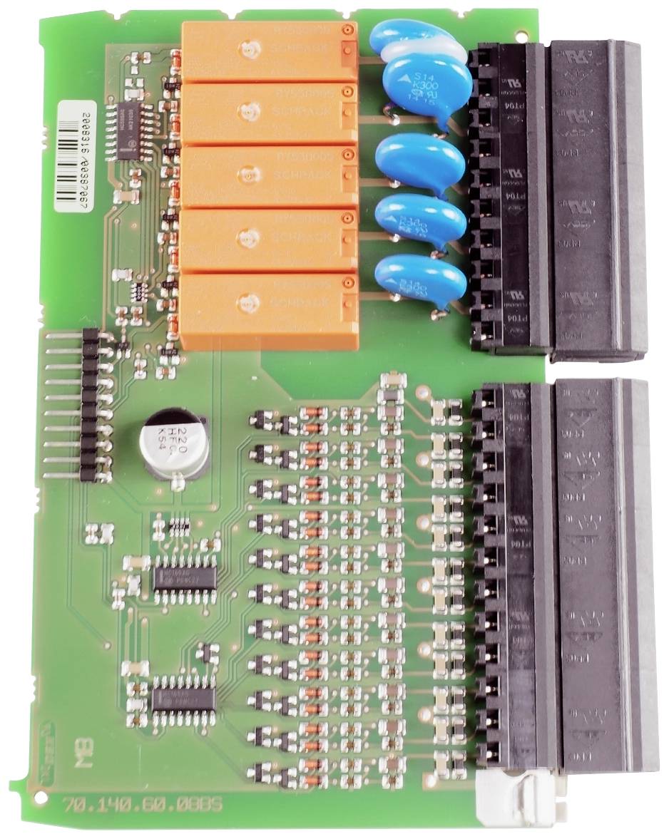 A green electronic circuit board with orange relays, blue capacitors, and multiple connectors and components.