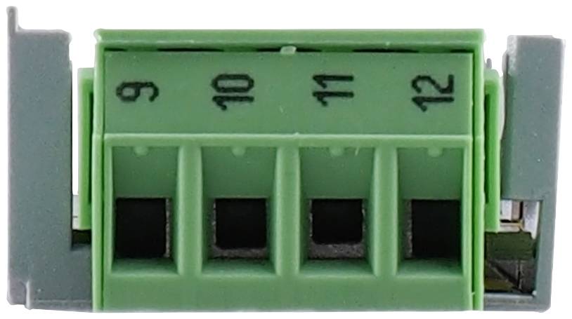 Green plug-in terminal block with four connection pins, numbered from 9 to 12. Used for connecting electrical conductors in devices.