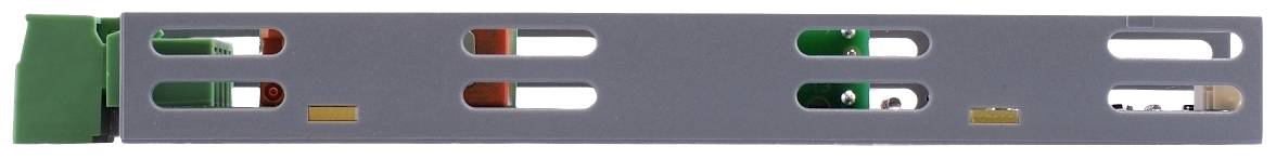 A grey metal panel with multiple rectangular cut-outs containing green and red LED displays.