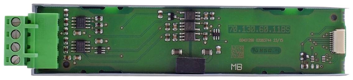Green electronic circuit board with various components and connections, potentially part of a control system.