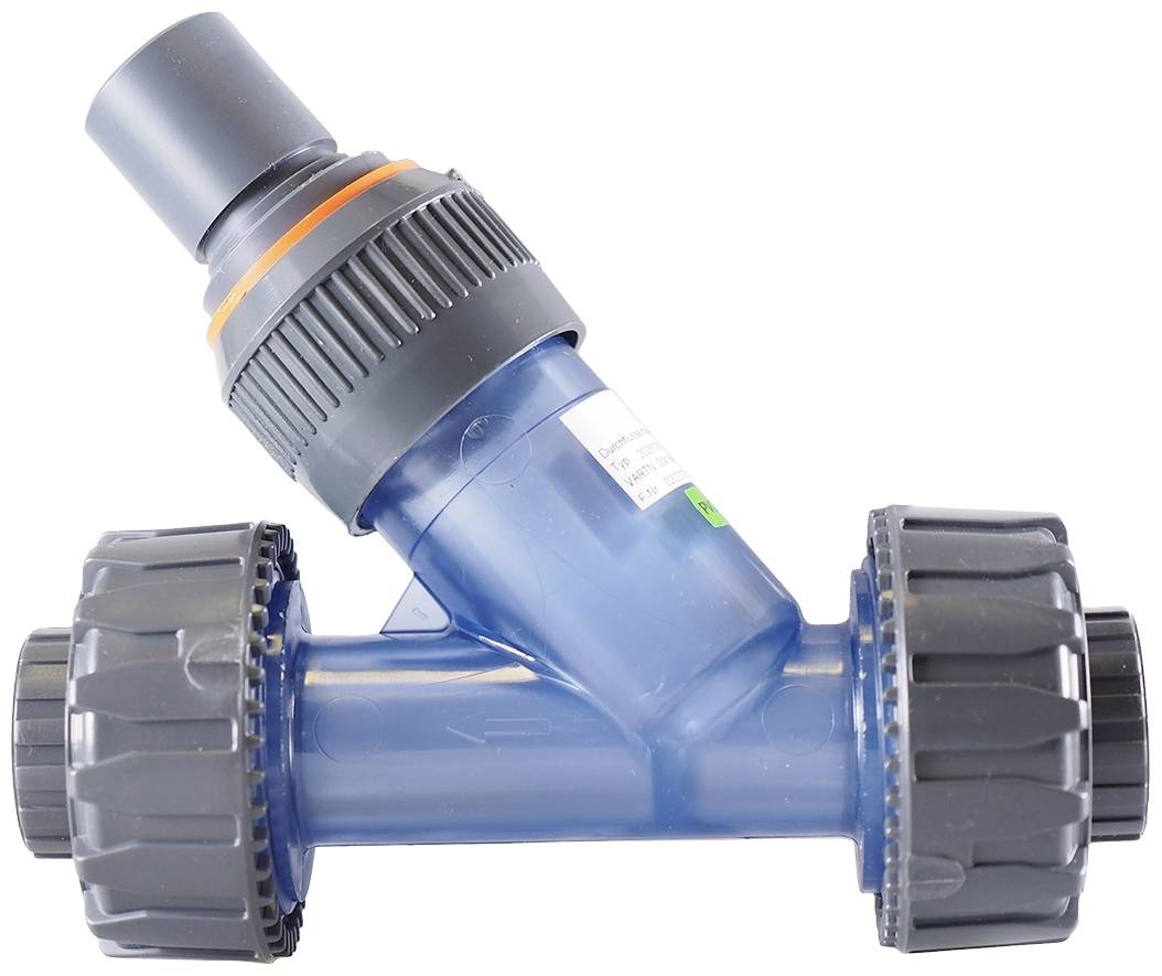 A blue plastic T-adapter with grey screw caps and an angled piece that directs water flow in one direction.