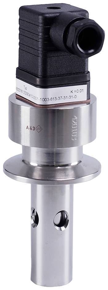 A metallic sensor with a rectangular black connector on the top surface. The sensor has a cylindrical body with openings on the underside.