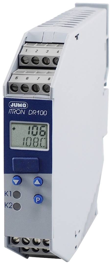 Electronic temperature controller Jumo iTRON DR100, displaying 108°C, with two control buttons beneath.
