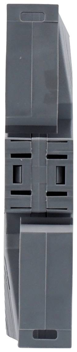 A grey, rectangular industrial device viewed from the side, with slots and openings on the front face, possibly an electronic module.