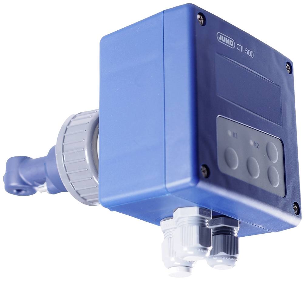 A blue electronic device with a display and buttons on the front, mounted on a grey piping component.