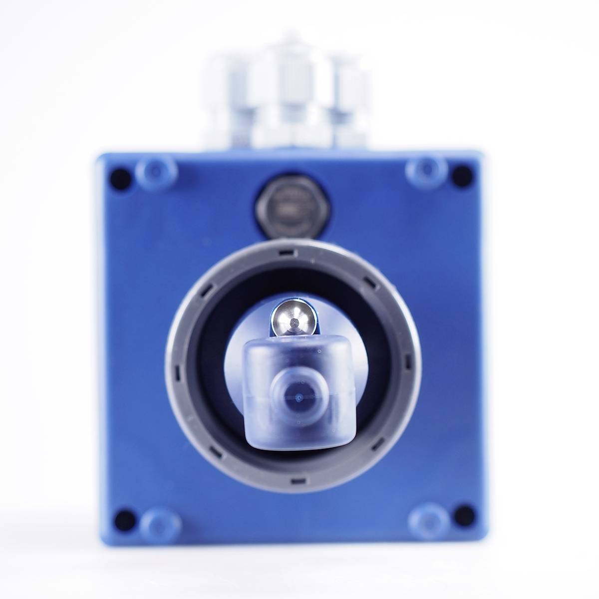 Blue casing with a circular rotary switch in the centre, positioned on a white background. Minimalist industrial design.