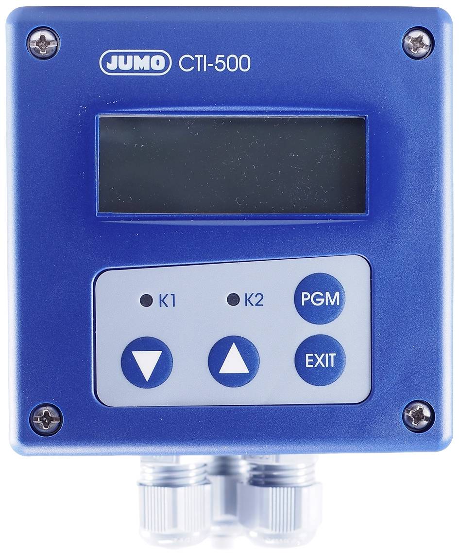 A blue electronic control unit with a screen and four buttons: 'K1', 'K2', 'PGM', 'EXIT'. Model: JUMO CTI-500.