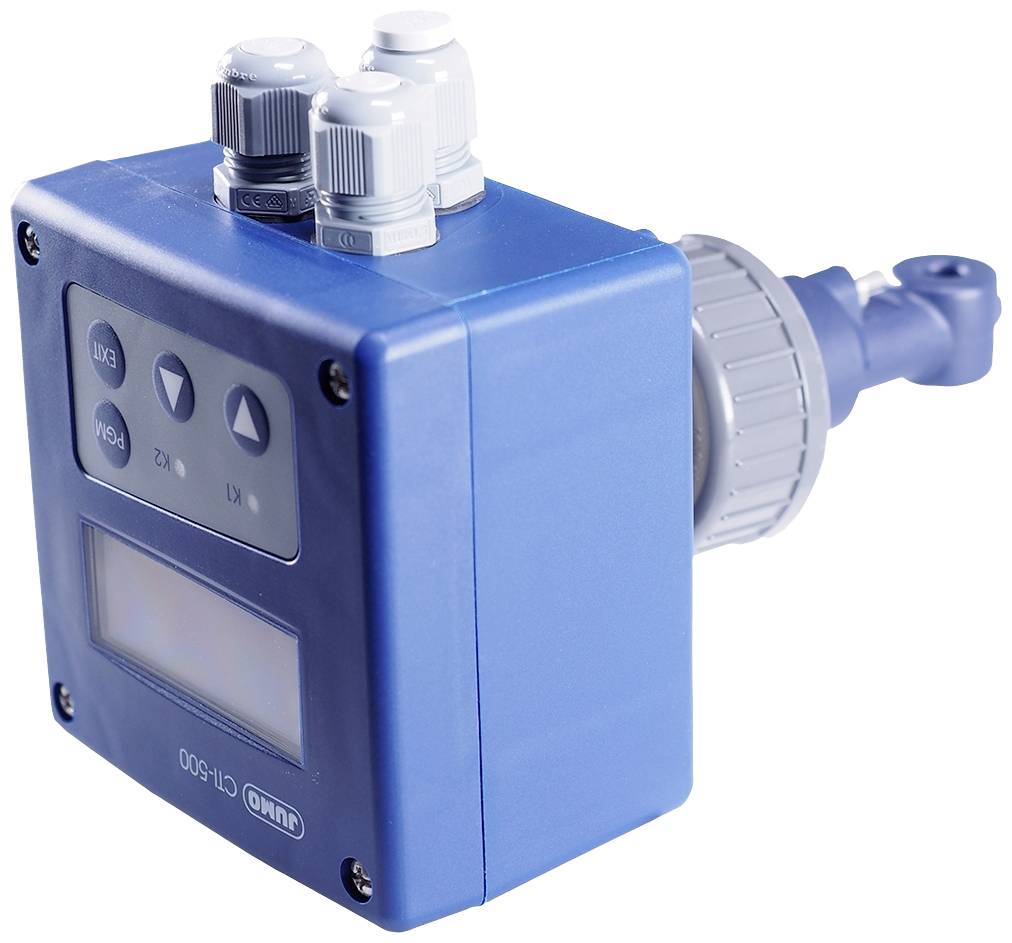 A blue electronic measuring device with a display and multiple connection points for monitoring technical data, side view.