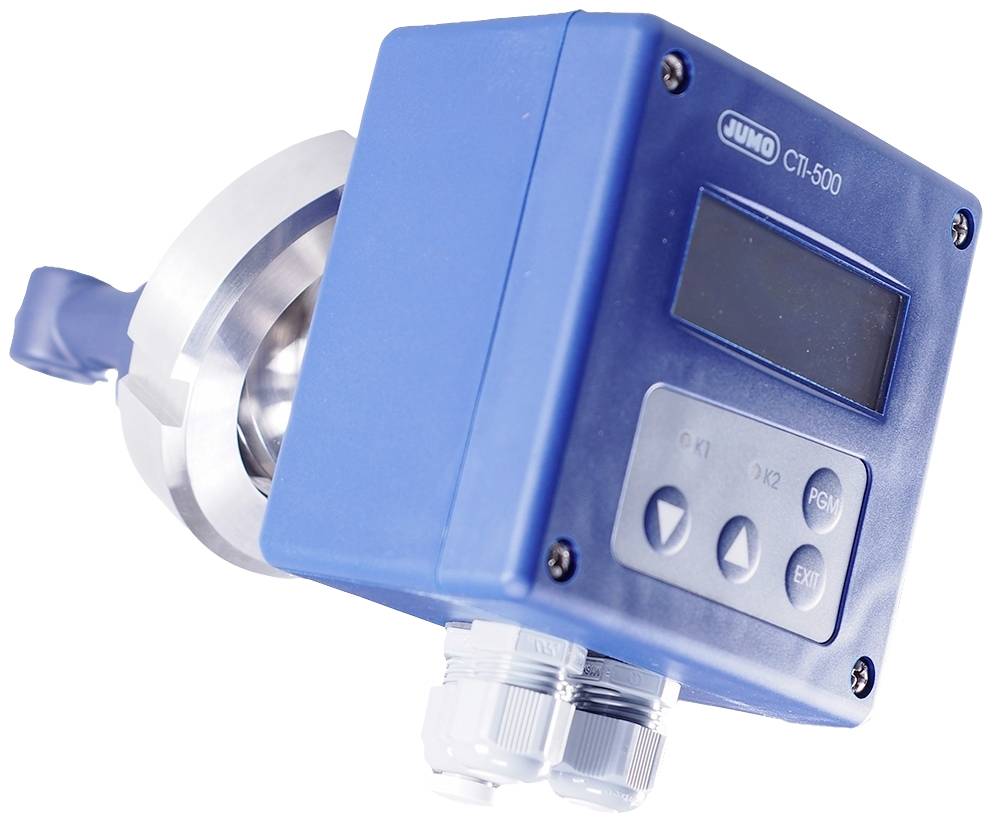 A blue electronic device with a small display and control buttons on the front, used for temperature measurement.