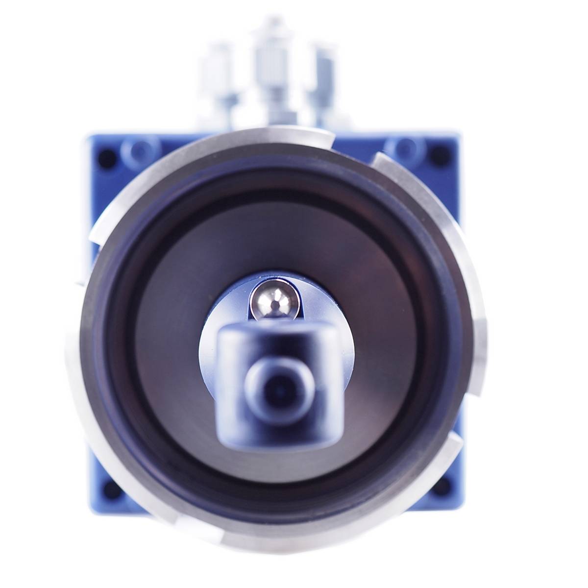Close-up of a camera or lens aperture with symmetrical design and metallic details, highlighting technical precision.