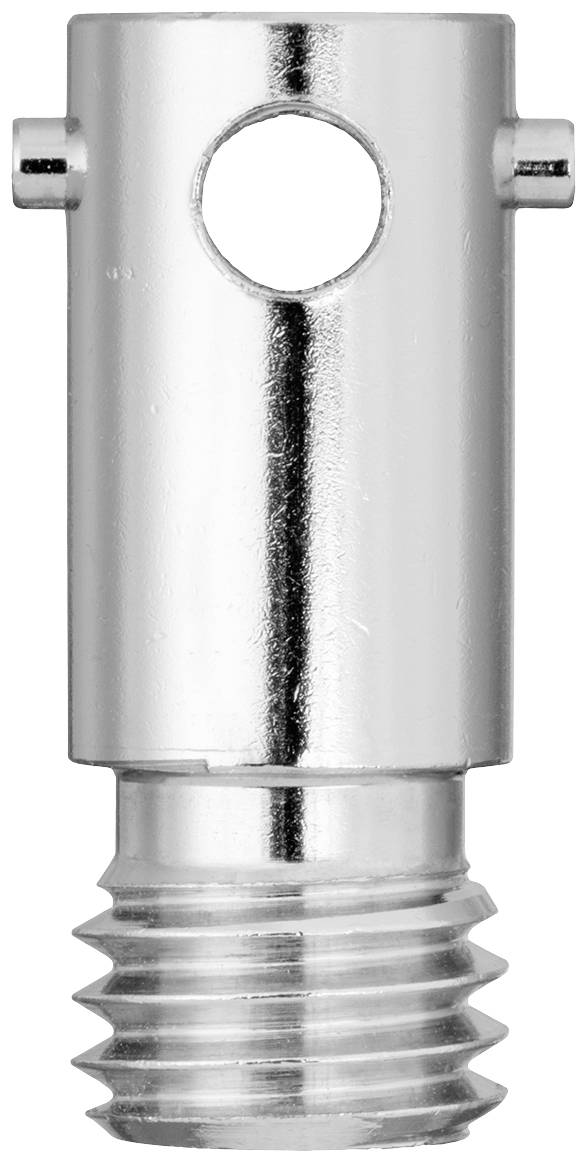 Metal adapter with thread and two side bolts. Upper part has a circular hole. Used for connecting parts.