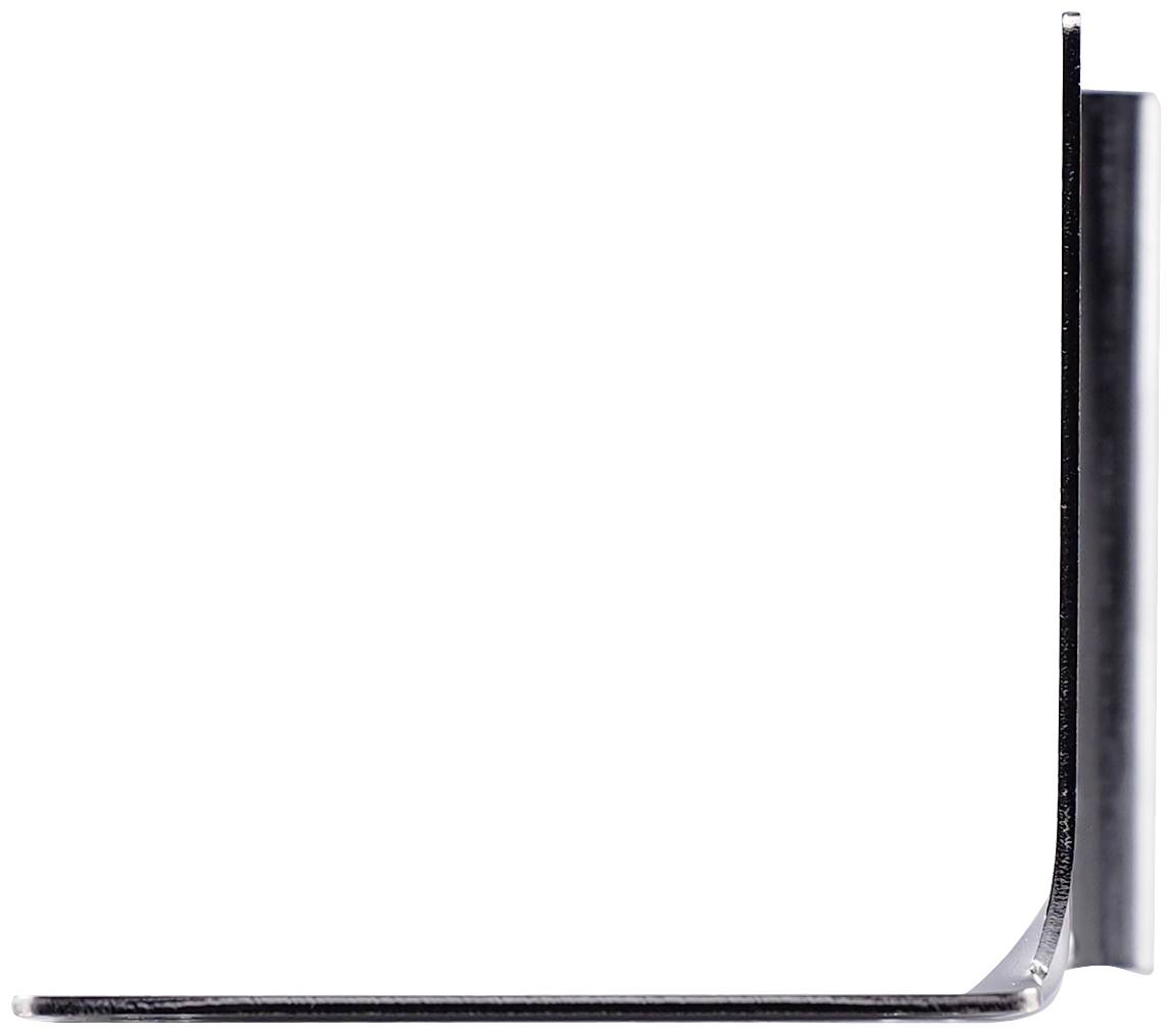 A right-angled metal bracket standing on a white background. It displays the structure and edges of the angle.