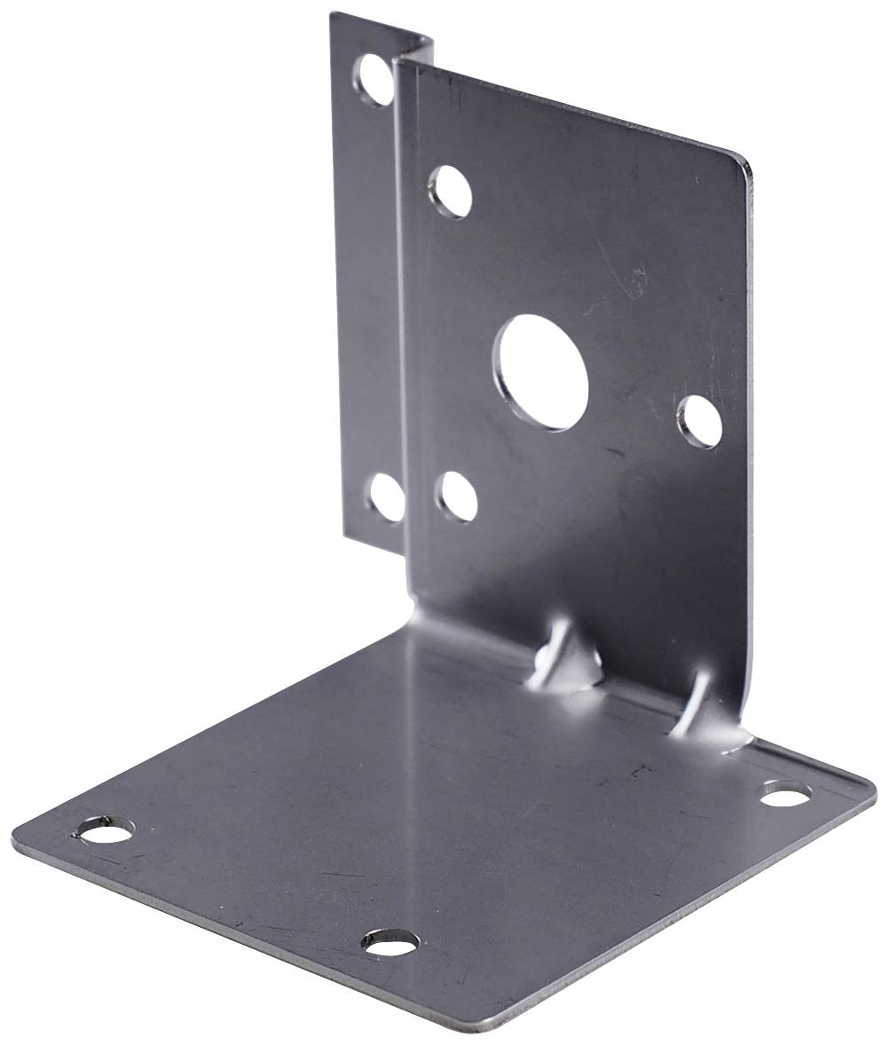 Metal angle brackets with multiple holes for fixing, suitable for stable constructions or furniture assembly.