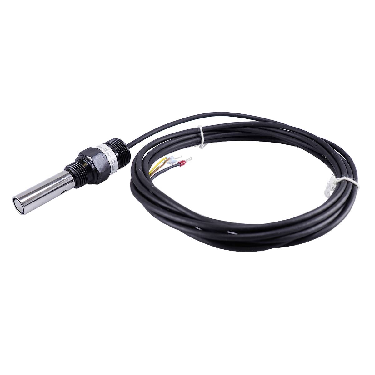 A sensor with a silver casing and black cable. The sensor has multiple coloured wires for connecting to other devices.