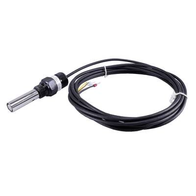 A sensor with a silver casing and black cable. The sensor has multiple coloured wires for connecting to other devices.