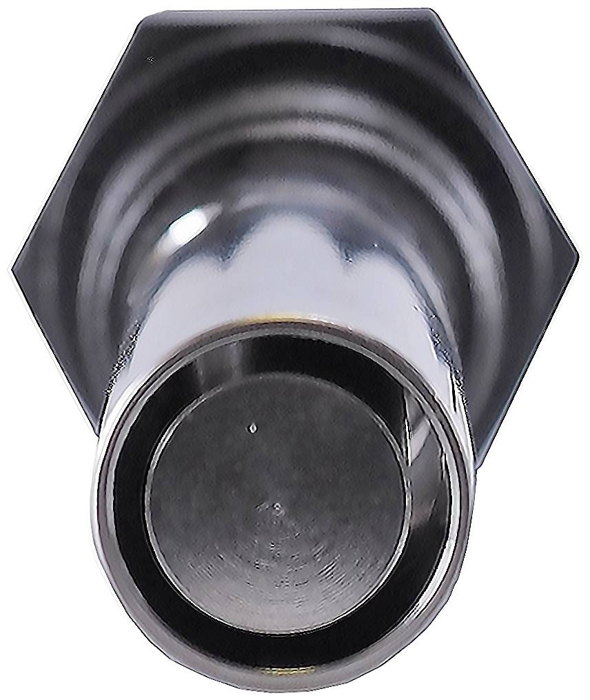 Metallic, cylindrical structure with a hexagonal base, photographed from above. Reflective surface, central horizontal axis.