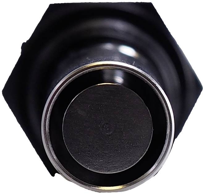 Close-up of a metallic connector with a black housing and a round, shiny pin in the centre.