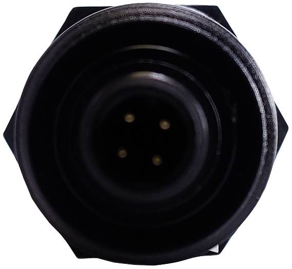 A black, round electrical plug with four pins, viewed from above, against a white background.