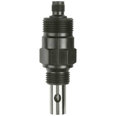 A black metal adapter with multiple threads, cylindrical in shape and with a round opening, likely a technical component.