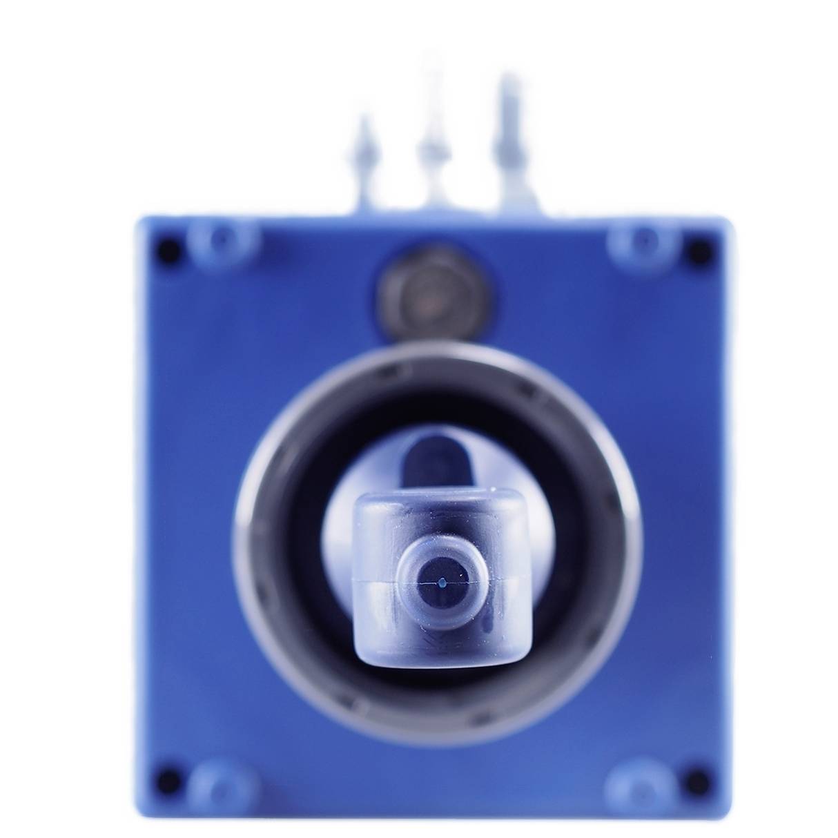 A blue, electronic component with multiple nozzles and a central cylindrical part protruding in the middle.