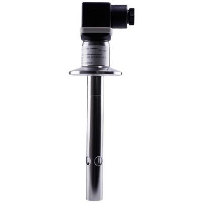 A sensor with a stainless steel housing, suitable for industrial applications. The upper section contains a black connection module.