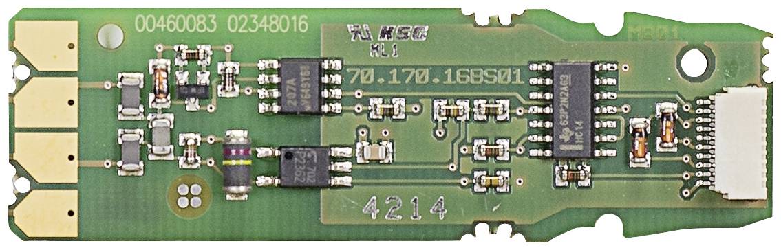 Green circuit board with electronic components, serial number in the top left. Used in electronic devices for control purposes.