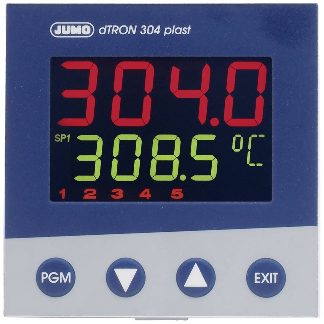 Temperature controller display shows '304.0' in red, '308.5 °C' in green. Buttons below: PGM, Menu left, Menu right, EXIT.