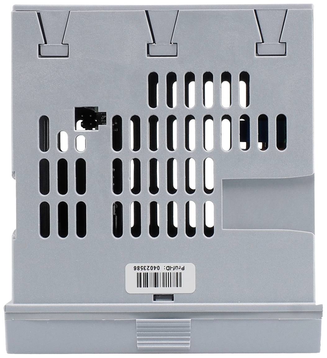 The image shows the back of a grey electronic device with ventilation slots and a barcode label at the bottom edge.