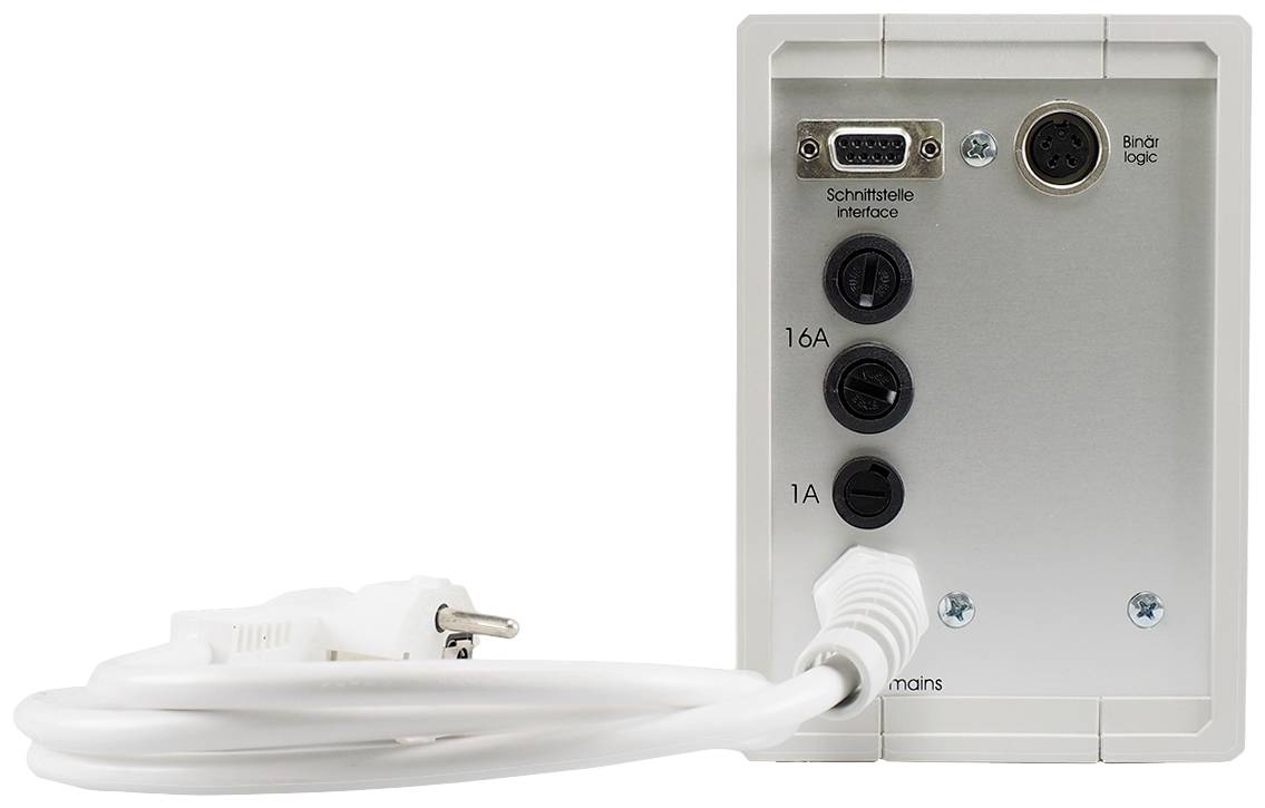 Device with three round, black sockets and connectors. Labelled with 'Interface' and 'Binary Logic'. Mains plug connected.