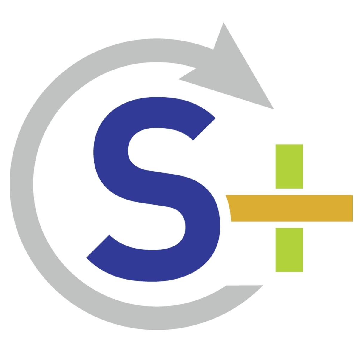 The image shows a logo with a large blue "S", a grey circle with an arrow, and a green and yellow plus sign positioned to the right.