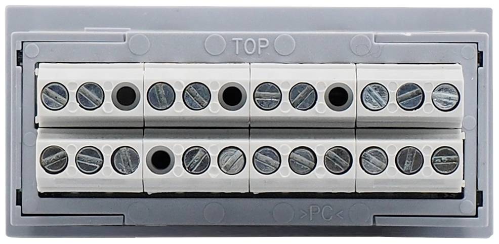'Terminal block with 12 screw terminals for electrical connections, grey housing, with TOP inscription on top.'
