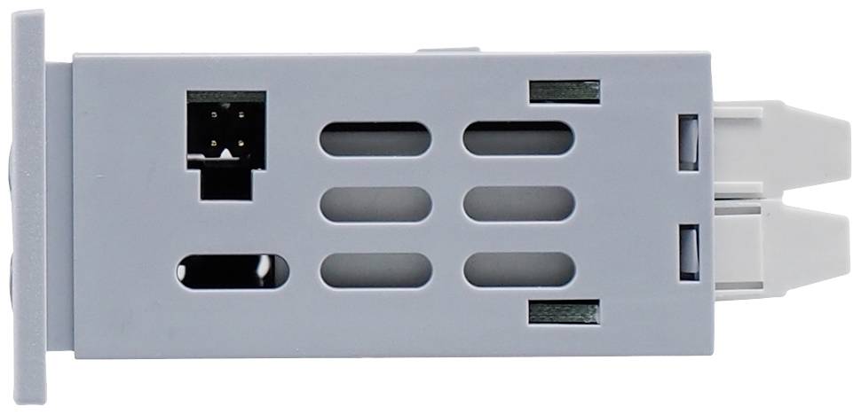 Grey electronic component with multiple ventilation slots and a connector on the side.