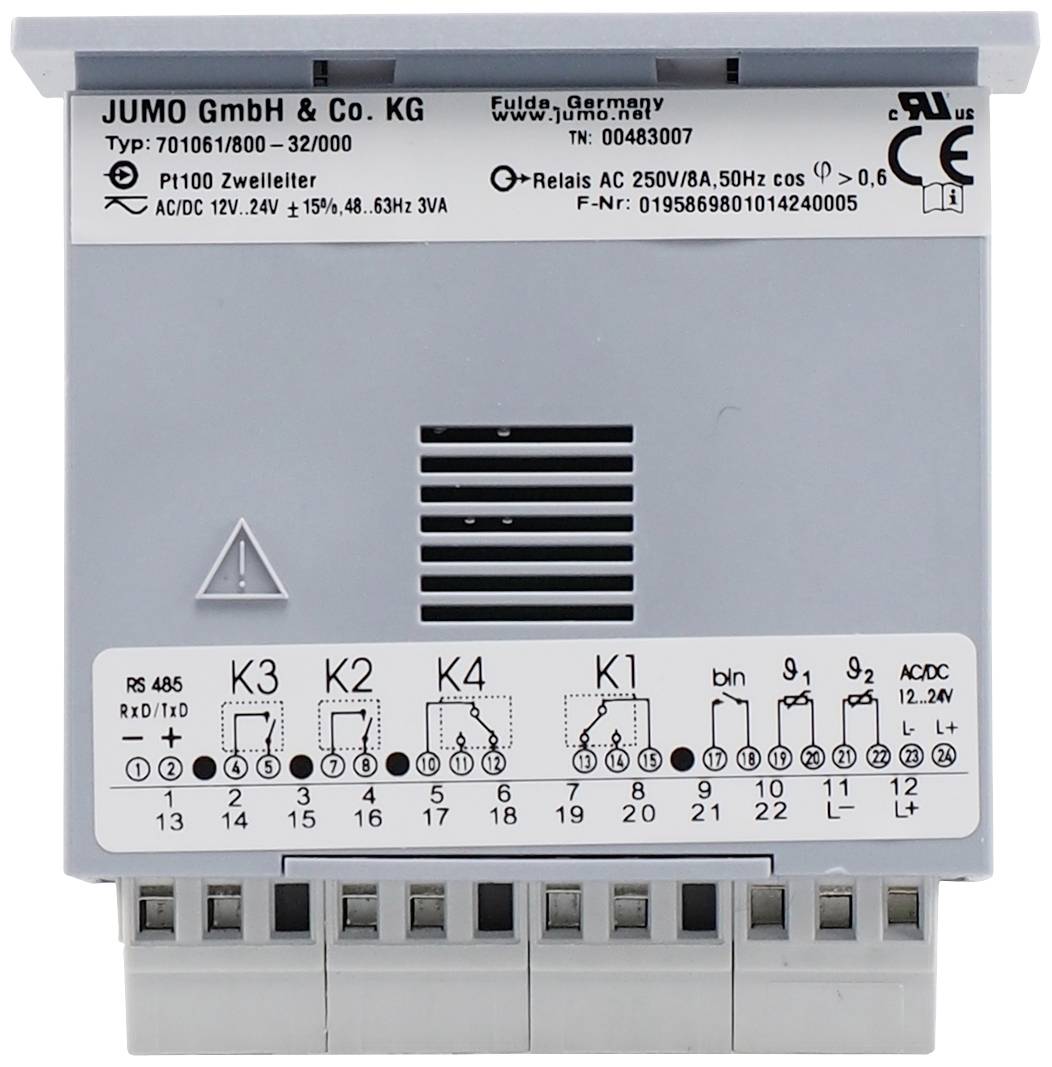 Grey electrical device by JUMO GmbH & Co. KG with multiple connections at the bottom and circuit diagrams on the front.