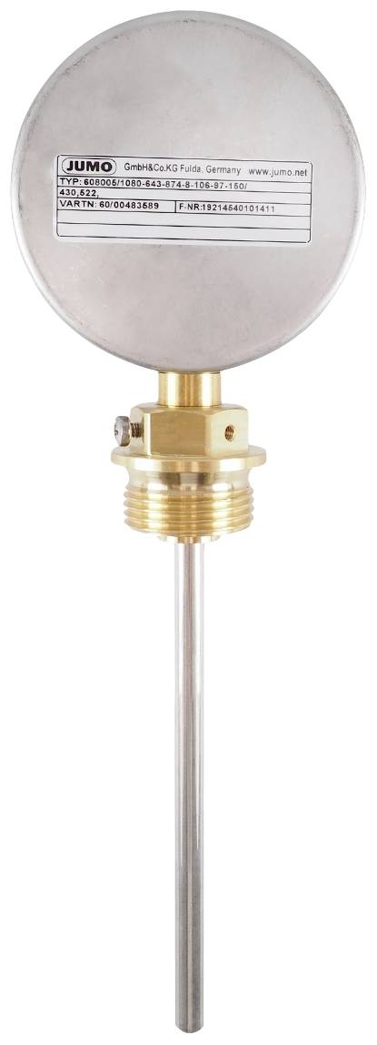 A temperature sensor with brass connection and long probe, for temperature measurement in industrial processes.