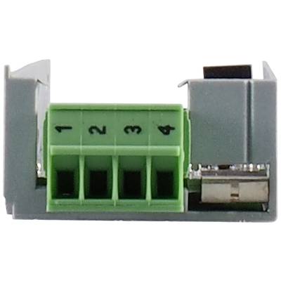 A grey PCB with a green connector labelled with numbers 1 to 4. To the right, a small silver metal switch.