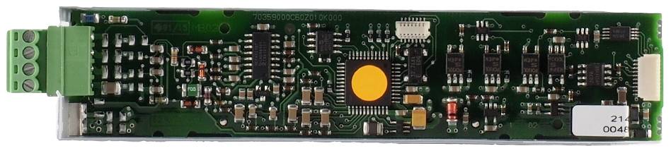Electronic circuit board with various components, including capacitors, resistors, and a central microchip; potentially part of a device for power regulation.