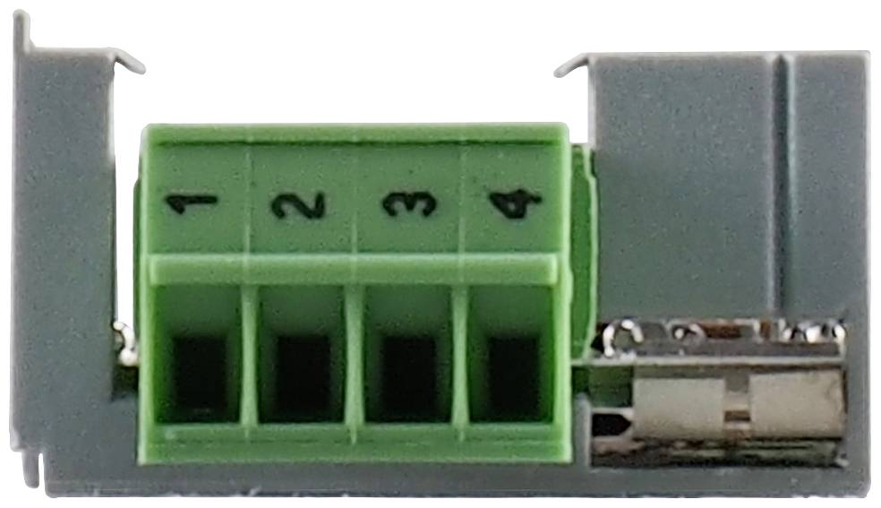 Green four-pole connector with numbering 1 to 4, mounted on grey mounting bracket.