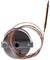 Round metal thermostat with a coiled copper capillary tube. Device for precise temperature control in cooling systems.
