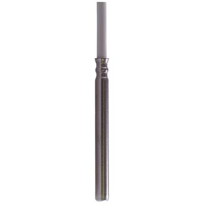 A long, silvery and white cylindrical object that looks like a candlestick.
