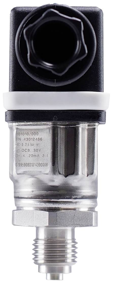 A pressure sensor with a silver housing and black connection. It measures pressure and is suitable for industrial applications.
