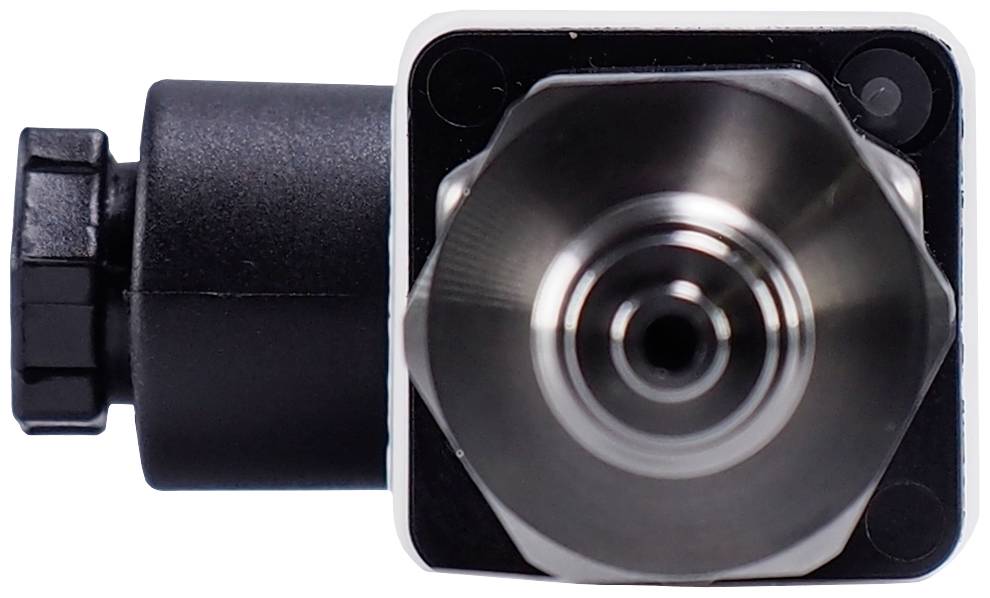 Front view of a black and silver mechanical component with a circular, metallic aperture in the centre, potentially a valve.