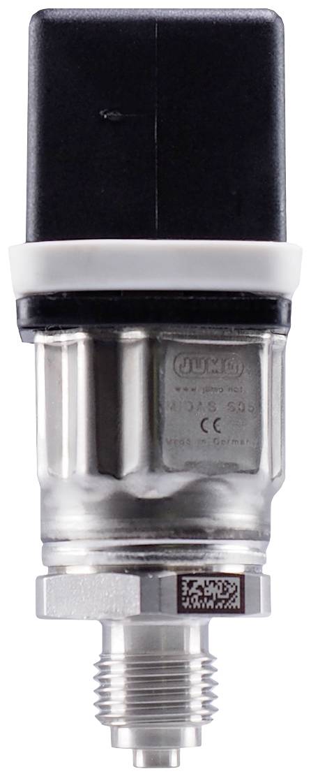 A pressure sensor with a metal casing and black plastic cover, suitable for monitoring gas pressure in technical installations.