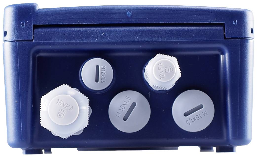 A blue plastic container with five round openings of different sizes and labels such as '16VPA', 'M16x1.5'.