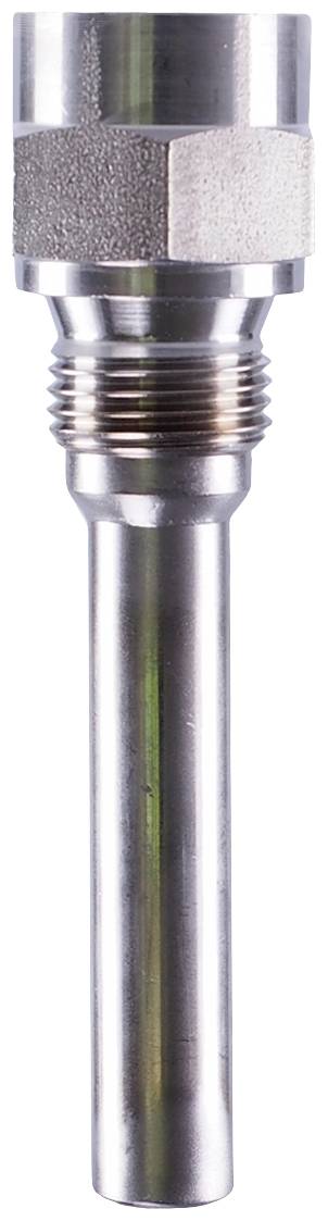 Metal sensor sleeve, cylindrical in shape, with threading at the upper end. Used for housing temperature sensors in industrial processes.