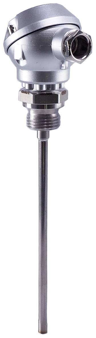 A silver temperature sensor with a long probe and a screwed-on head. Suitable for industrial applications.