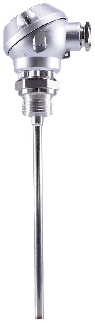 Metallic temperature sensor with long probe and threaded head, suitable for industrial applications.