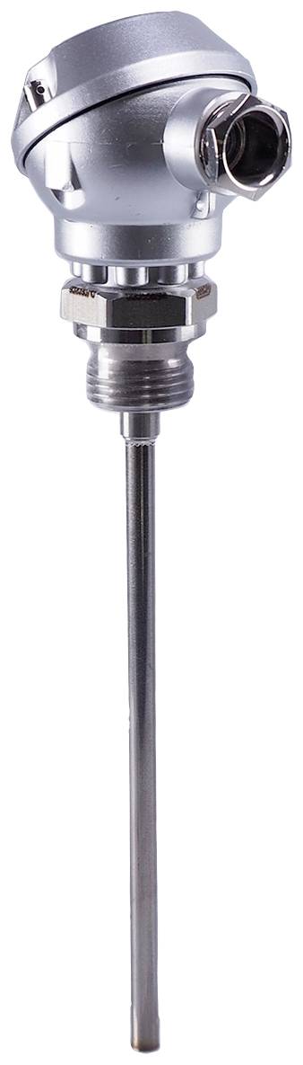 A temperature sensor with threaded connection and a narrow, long probe, used in industrial applications for precise measurement.